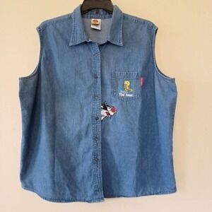 Top Y2K 90s Tweety Sylvester‎ Looney Tunes Plus Sz 26 Jean Sleeveless Collared